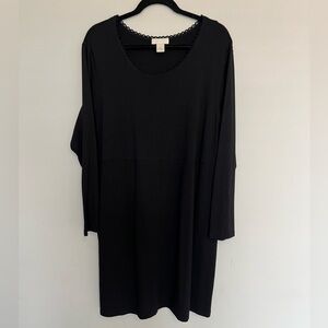 J Jill Simple Black Dress Long Slv Hi Stretch Comfort Crochet Neck Trim Size XL